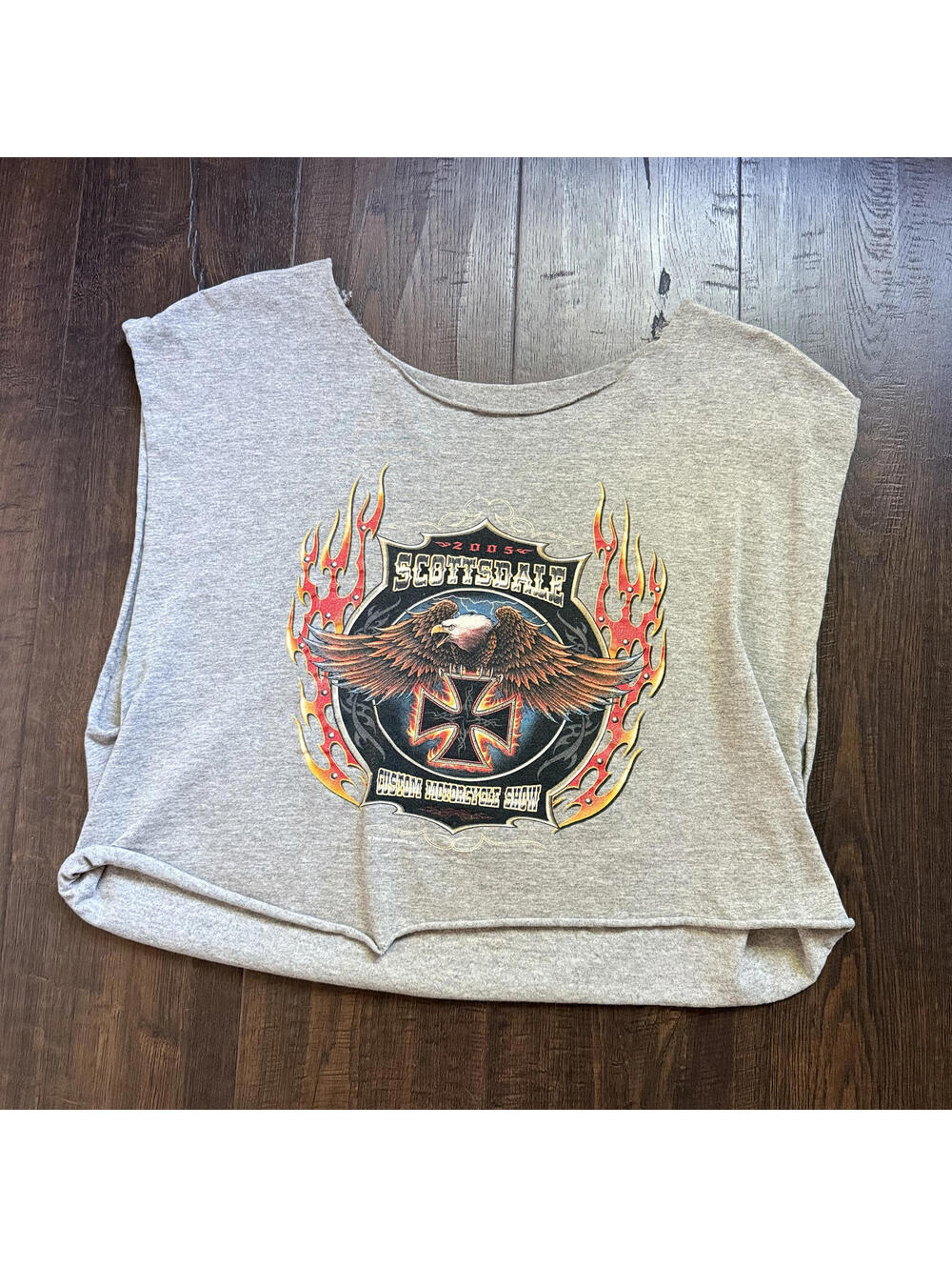 Vintage 05 Scottsdale Motorcycle Show T Shirt USA Eagle Flame Cropped Hippie L